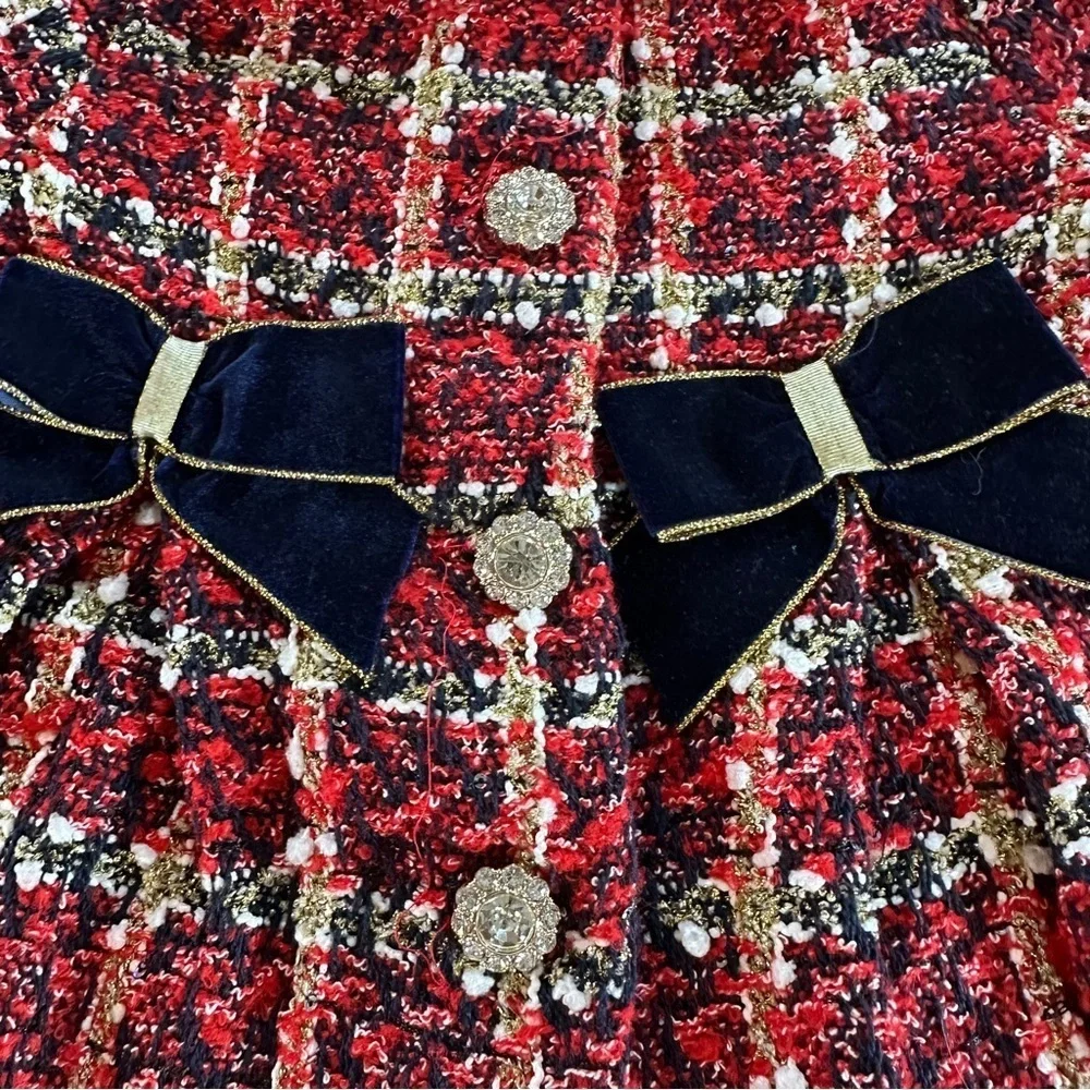 Blueberi Boulevard Red Plaid Dress Coat with Bows Sz 5